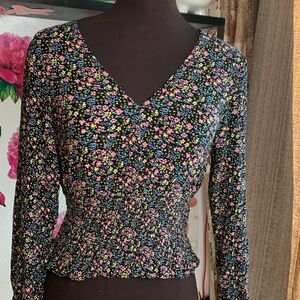 Paper Crane, 3/4 sleeve black/pink yellow tiny floral smocked crop top. Size S.